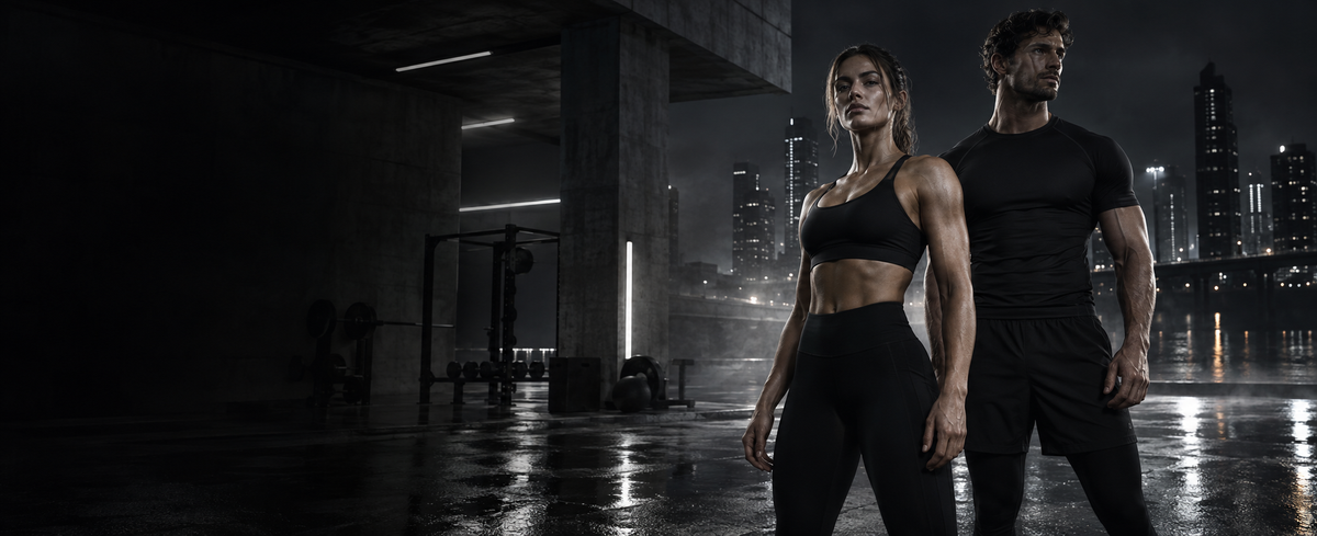 IMMUNE fitness campaign with two athletes in a dark city gym