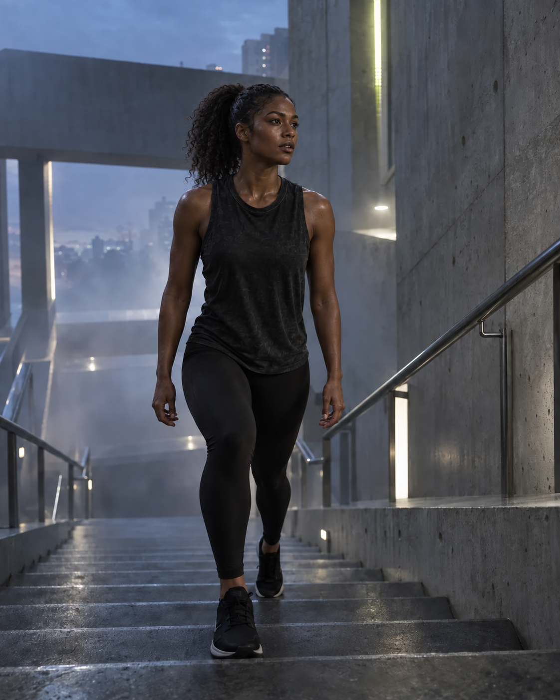 African American athlete walking up a brutalist concrete staircase