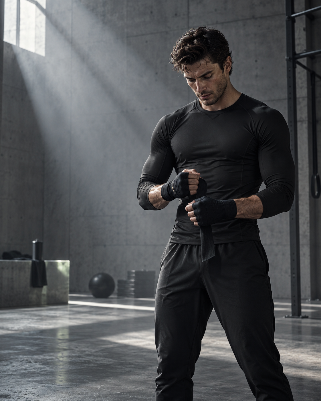 Athlete in a black compression shirt preparing for training in a concrete studio